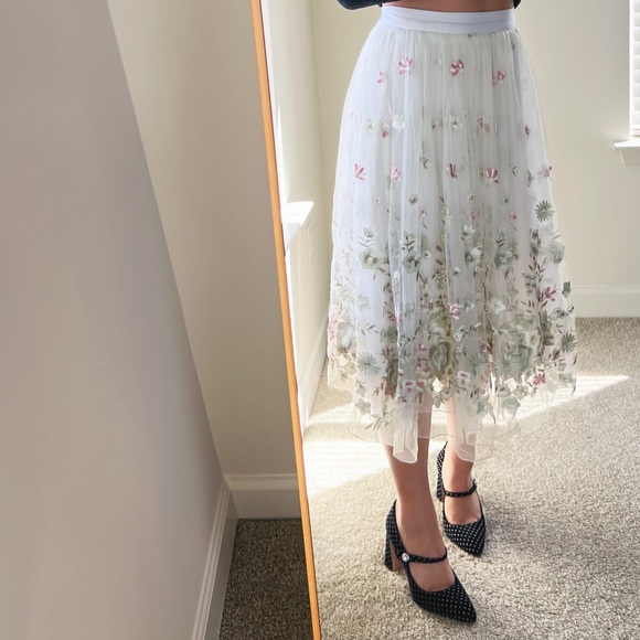 🍉Lily Brown Japan Floral Midi Skirt Embroidered Mesh Sheer Snidel Tulle White - Picture 8 of 9